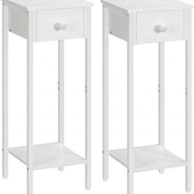Set of 2, Tall Bedside Table with Drawer, Metal Frame, White
