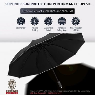 MinYuocom UPF 50 Travel Reverse Folding Umbrella Windproof 99 UV Protection Automatic Compact Portable Umbrellas Reflective Safety Strip with Gift Box Packaging Black Pro