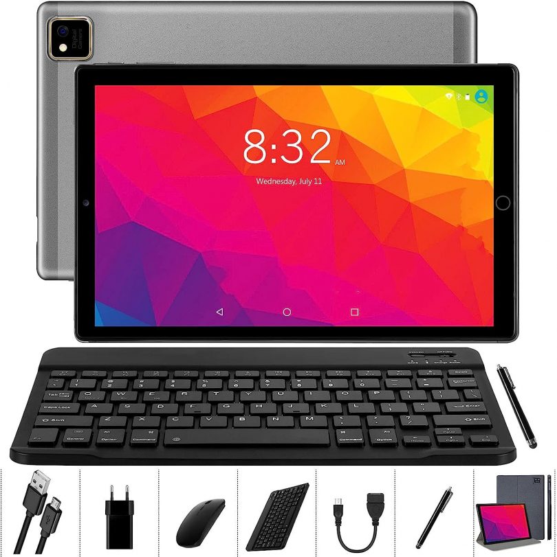 YOTOPT Tablet 10 Inch Android 4G LTE tablet PC, with Keyboard and Mouse Octa-Core 64GB ROM 4GB RAM TF 1TB , 4G Dual SIM card WIFI GPS Bluetooth Type C- Grey