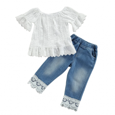 Baby Girls Denim Trouser Outfit Lace Short Sleeve Top Ripped Jeans Trouser Clothes Set 1-White, 18-24 Months