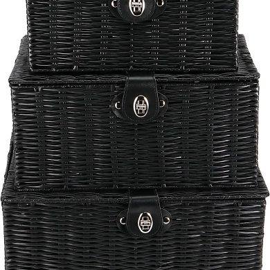 Set of 3 Resin Black Wicker Woven Storage Baskets Large, Hamper Storage Boxes with Lid and Leather Lock,