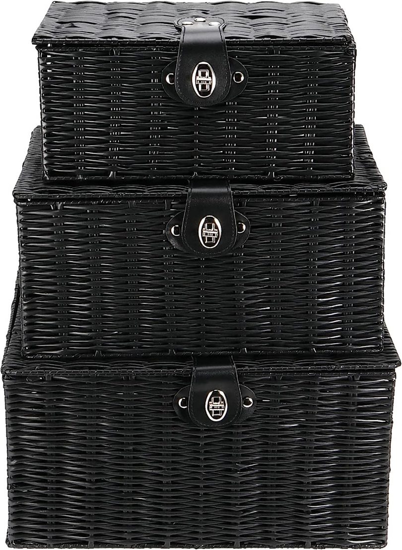 Set of 3 Resin Black Wicker Woven Storage Baskets Large, Hamper Storage Boxes with Lid and Leather Lock,