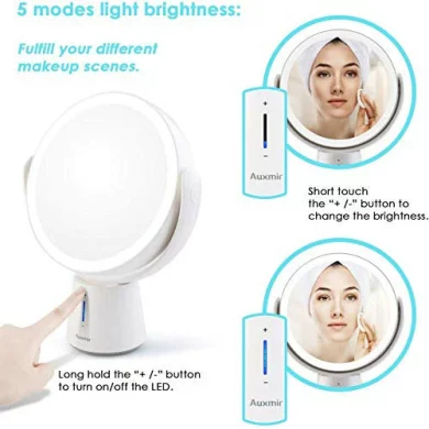 Mirror with Light, Rechargeable LED Double-sided Mirror with 360 Rotation, 5 Brightness Vanity Mirror