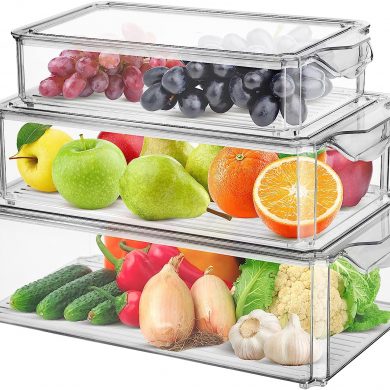 Fridge Organisers Bins Set of 3, Stackable Clear Fridge Storage Containers with Lids, Plastic Refrigerator 