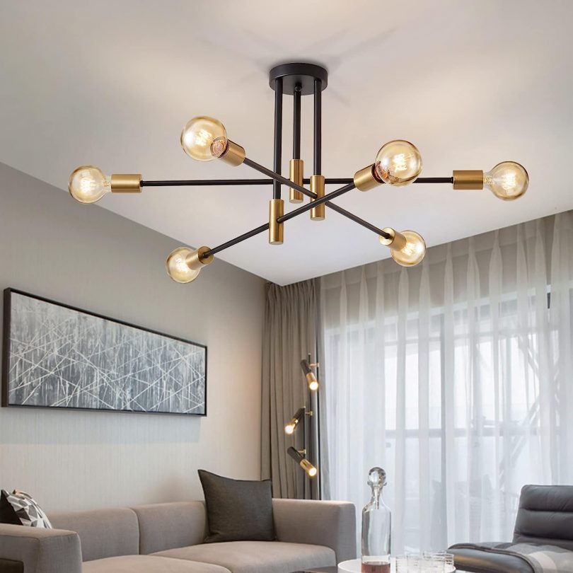 Chandelier 6 Lights E27 Socket, Max 40w, Semi Flush Mount Spot Lights Metal Black Gold Pendant Light for Bedroom Living Room Office Not Include Bulb