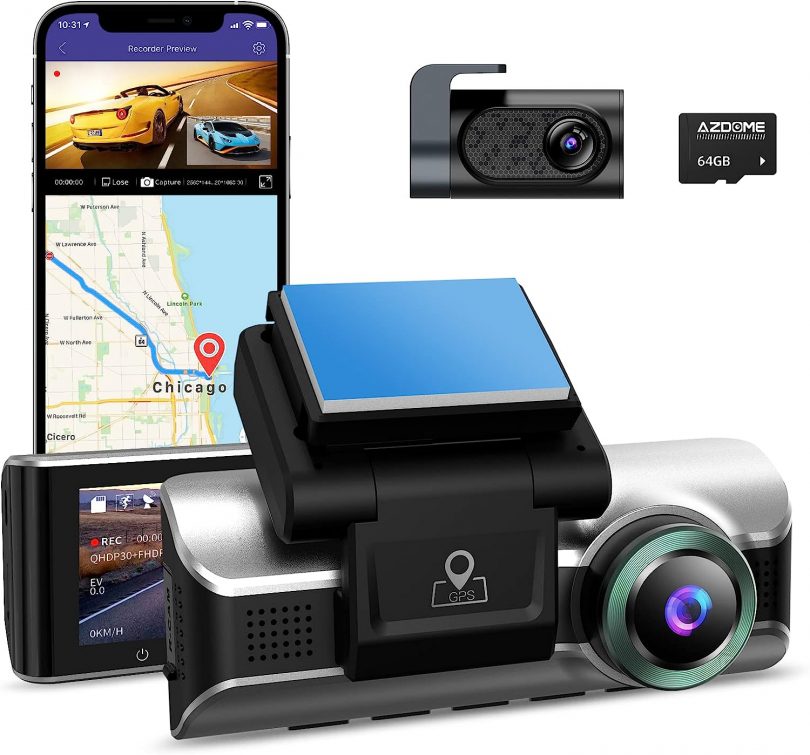 AZDOME 4K Dual Dash Cam with 5GHz WiFi GPS 64GB Card, Front 4K and Rear 1080P Car Dashboard Camera Recorder, 3.19 IPS, Night Vision, Parking Mode, Super Capacitor, Support 256GB Max M550Pro-2CH