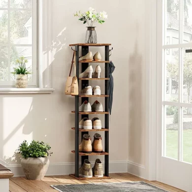 Shoe Rack Wooden, Tall Shoe Rack, Narrow Shoe Storage Organizer with 2 Hooks, Slim Shoe Shelf,