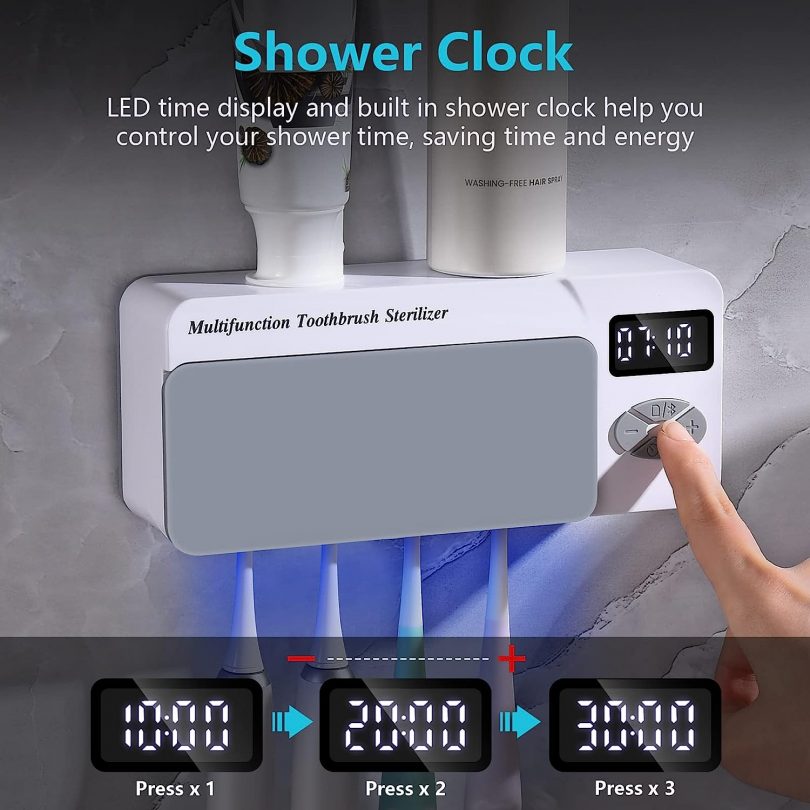 AONCO UV Toothbrush Holder, Toothbrush Sanitizer with Shower Clock Timer, Bluetooth Music Player 4000mAh USB Charging Multifunctional Bathroom Wall Mounted