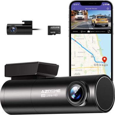 AZDOME 4K Dash Cam Front and Rear with 5G WiFi GPS Dual Dashcam Voice Control Car Camera with Parking Monitor, Night Vision, WDR, G-Sensor, Loop Recording, 64GB SD Card Included M300S