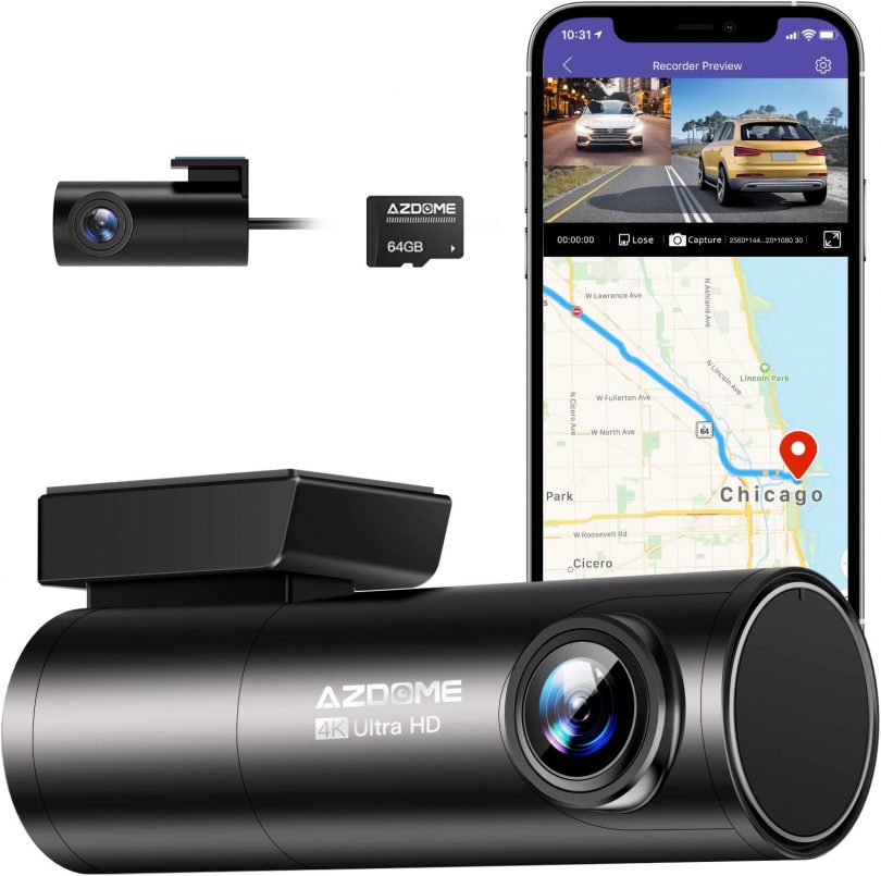 AZDOME 4K Dash Cam Front and Rear with 5G WiFi GPS Dual Dashcam Voice Control Car Camera with Parking Monitor, Night Vision, WDR, G-Sensor, Loop Recording, 64GB SD Card Included M300S