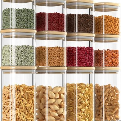 Glass Storage Jars with Bamboo Lid, 12 Pack Airtight Food Jars Set, Clear Kitchen Storage Canisters Containers for Spice Herbs Coffee Tea Pasta Beans Sugar Cookie Snack Seed - 700ml, 350m