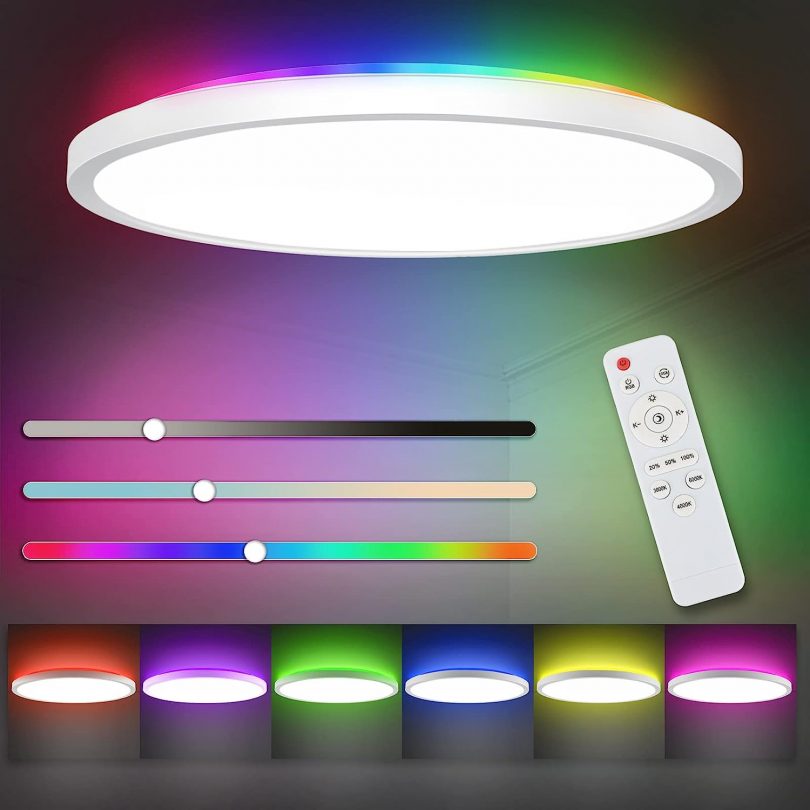 RGB Dimmable Led Flush Mount Ceiling Light with Remote, 12Inch 24W High Bright 3200lm, RGB Backlight Round Close to Ceiling Lamp Modern Ultra-Thin 3000-6500K