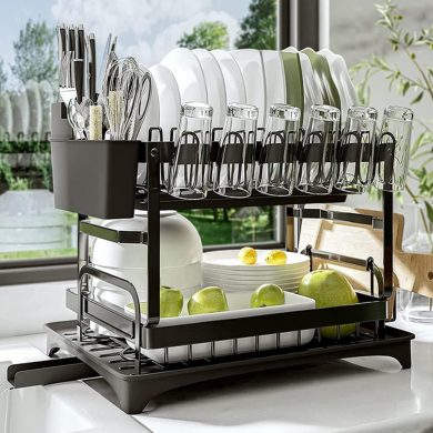 Dish Rack for Kitchen Counter, Dish Drying Racks with Drainboard 2 Tier, Dish Drainer Rack and Utensil Holder