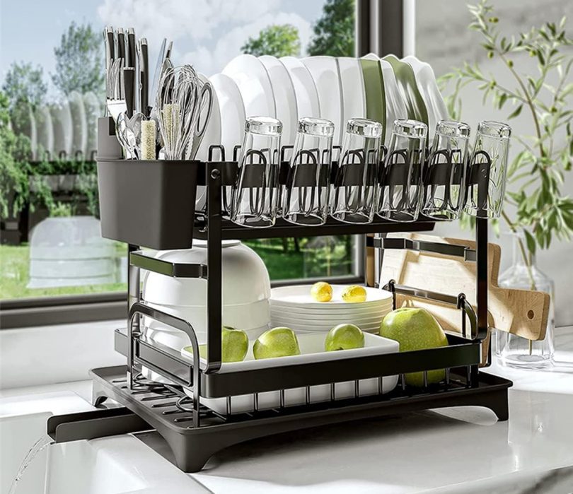 Dish Rack for Kitchen Counter, Dish Drying Racks with Drainboard 2 Tier, Dish Drainer Rack and Utensil Holder