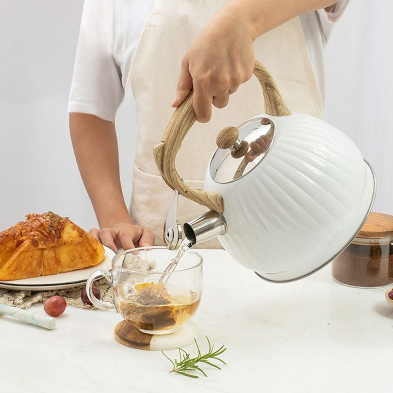 3.5L Tea Kettle for Stove Top, Stainless Steel Whistling Teapot with Wood Handle, Food Grade White Pumpkin Shape Kettle-Surgical, Anti-hot Handle, Anti-Rust, Suitable for All Heat Sources