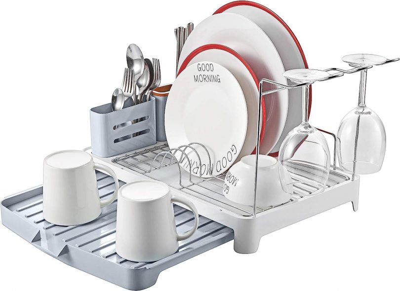 Dish Drainer with Extendable Draining Board, Stainless Steel Dish Rack