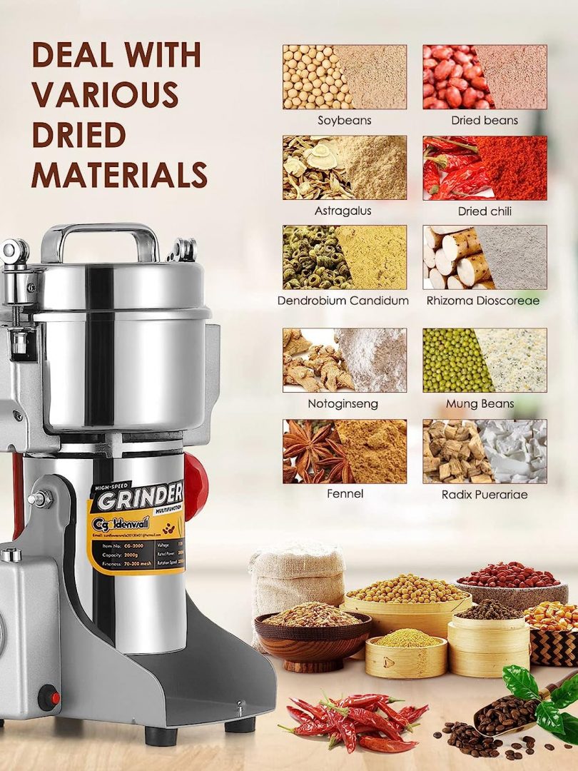 CGOLDENWALL 2400W Open-Cover-Stop 700g Electric Grain Grinder 28000RPM High Speed Superfine Grain Mill Spice Herb Coffee Nut Powder Grain Grinder with Overload Protection- Timer- Commercial Motor CE