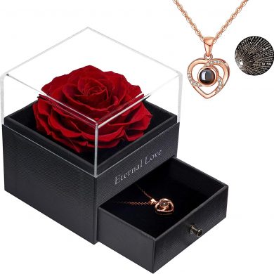 Sunia Eternal Handmade Rose Preserved Real Rose with Love You Necklace 100 Languages Gift, Romantic Rose Flower Gifts for Valentine s Day Anniversary Wedding Birthday Mother s Day