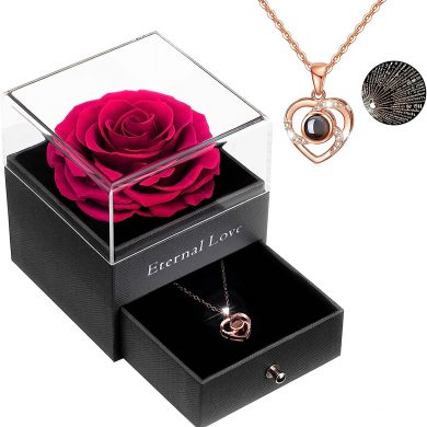 Sunia Eternal Handmade Rose Preserved Real Rose with Love You Necklace 100 Languages Gift, Romantic Rose Flower Gifts for Valentine s Day Anniversary Wedding Birthday Mother s Day