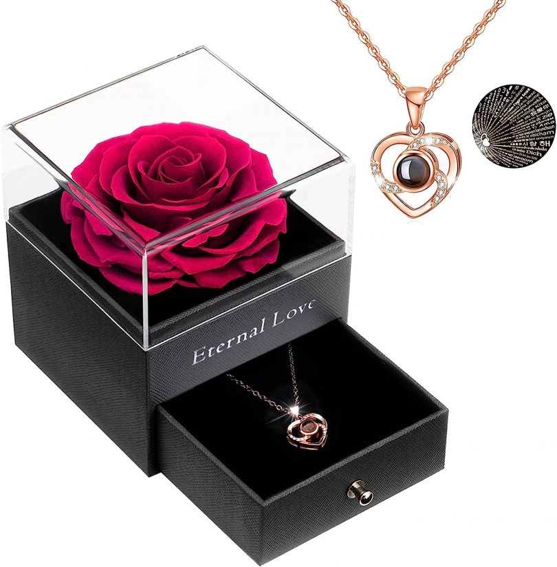 Sunia Eternal Handmade Rose Preserved Real Rose with Love You Necklace 100 Languages Gift, Romantic Rose Flower Gifts for Valentine s Day Anniversary Wedding Birthday Mother s Day