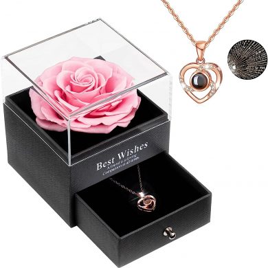 Sunia Eternal Handmade Rose Preserved Real Rose with Love You Necklace 100 Languages Gift, Romantic Rose Flower Gifts for Valentine s Day Anniversary Wedding Birthday Mother s Day