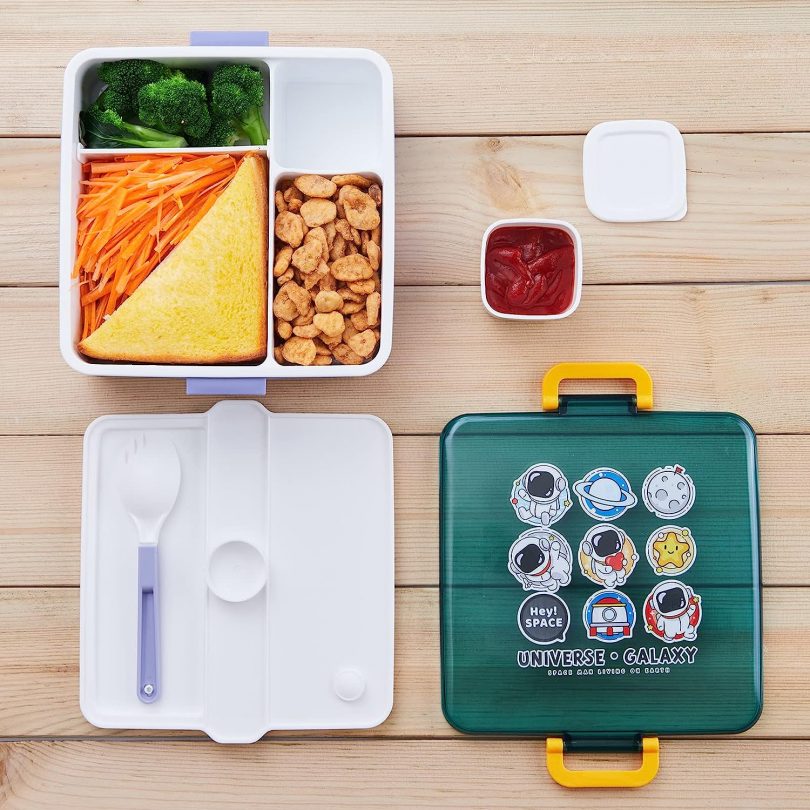 Kids Lunch Box - 1300ml Leak Proof Bento Box with Sauce Jar - 3 Compartments Lunch Containers with Utensil, Dishwasher Microwave Safe, BPA-Free,On-The-Go Meal and Snack Packing Purple