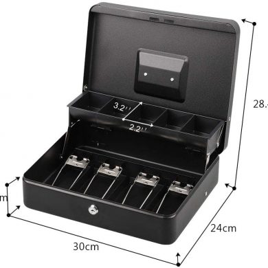 Metal Cash Box Lockable Money, Coin and Note Security Box Large Cash Box with Lock - New Metal Money Tin 100 Safe, 30 cm x 24 cm x 9 cm, Black