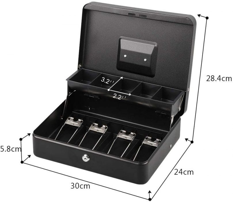 Metal Cash Box Lockable Money, Coin and Note Security Box Large Cash Box with Lock - New Metal Money Tin 100 Safe, 30 cm x 24 cm x 9 cm, Black