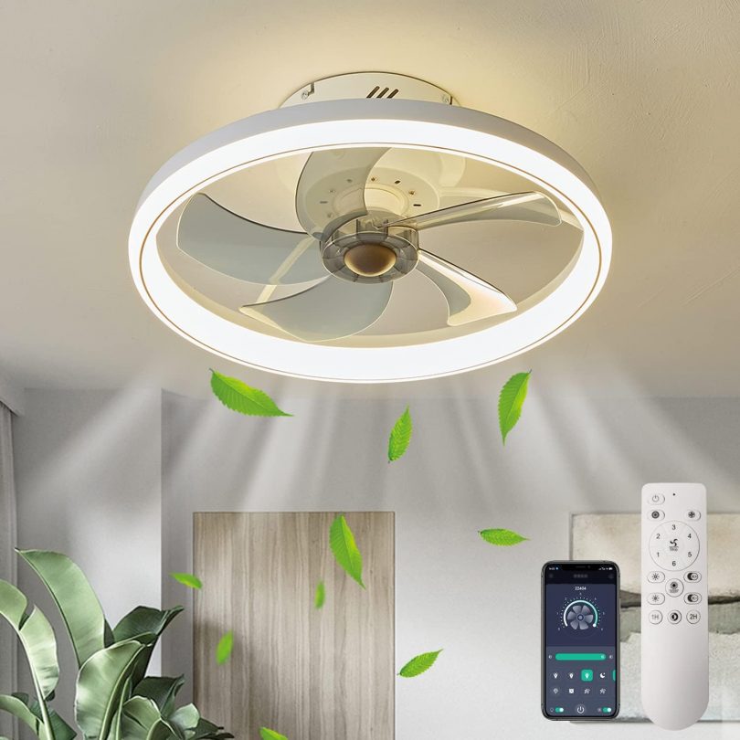  Reversible Ceiling Fans with Lights and Remote 50CM 48W Modern Low Profile Ceiling Fan Light Timing 6 Speeds 3-Color Dimmable Flush Mount Ceiling Fans with Lamps Smart App Control Ceiling Fan